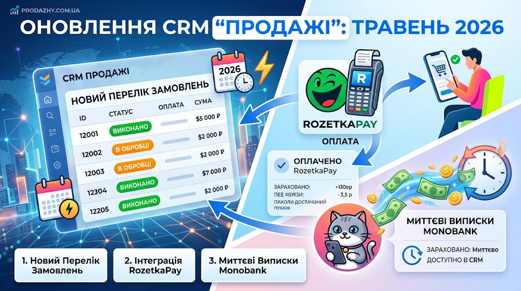 Оновлення CRM «Продажі» за травень: новий перелік замовлень, RozetkaPay і миттєві виписки Monobank