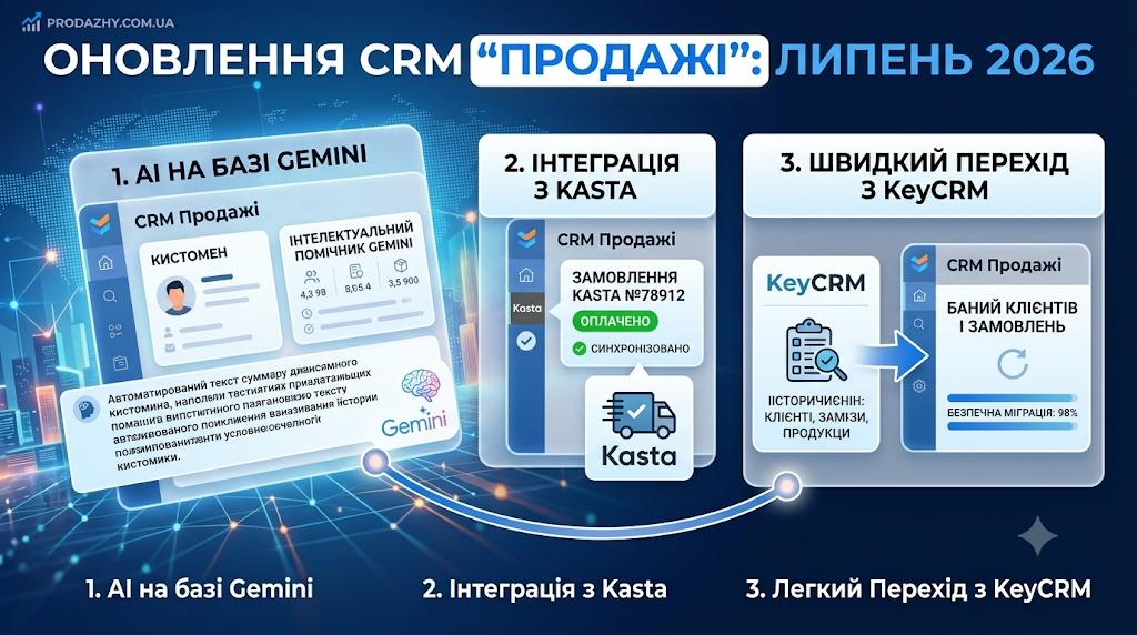 Оновлення CRM «Продажі» за липень: AI на базі Gemini, інтеграція з Kasta та перехід з KeyCRM