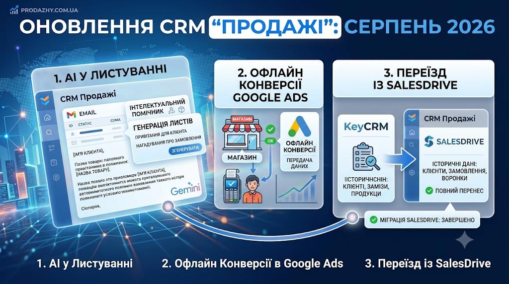 Оновлення CRM «Продажі» за серпень: нове «Листування» з AI, офлайн-конверсії в Google Ads і переїзд із SalesDrive